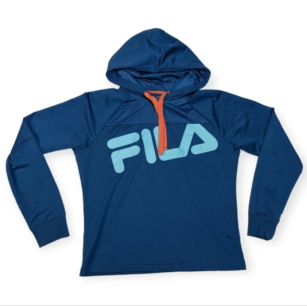 Fila Dark Turquoise and Orange Logo Hoodie Sweatshirt Woman Large